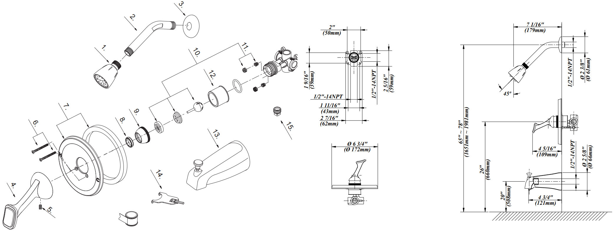 Tub & Shower Trim, IPS Diverter Spout  Specifications Images